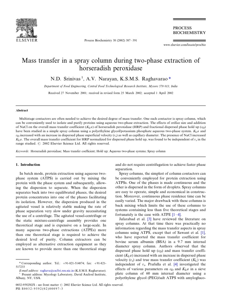 Mass Transfer Characteristics of Horseradish Peroxidase Extraction