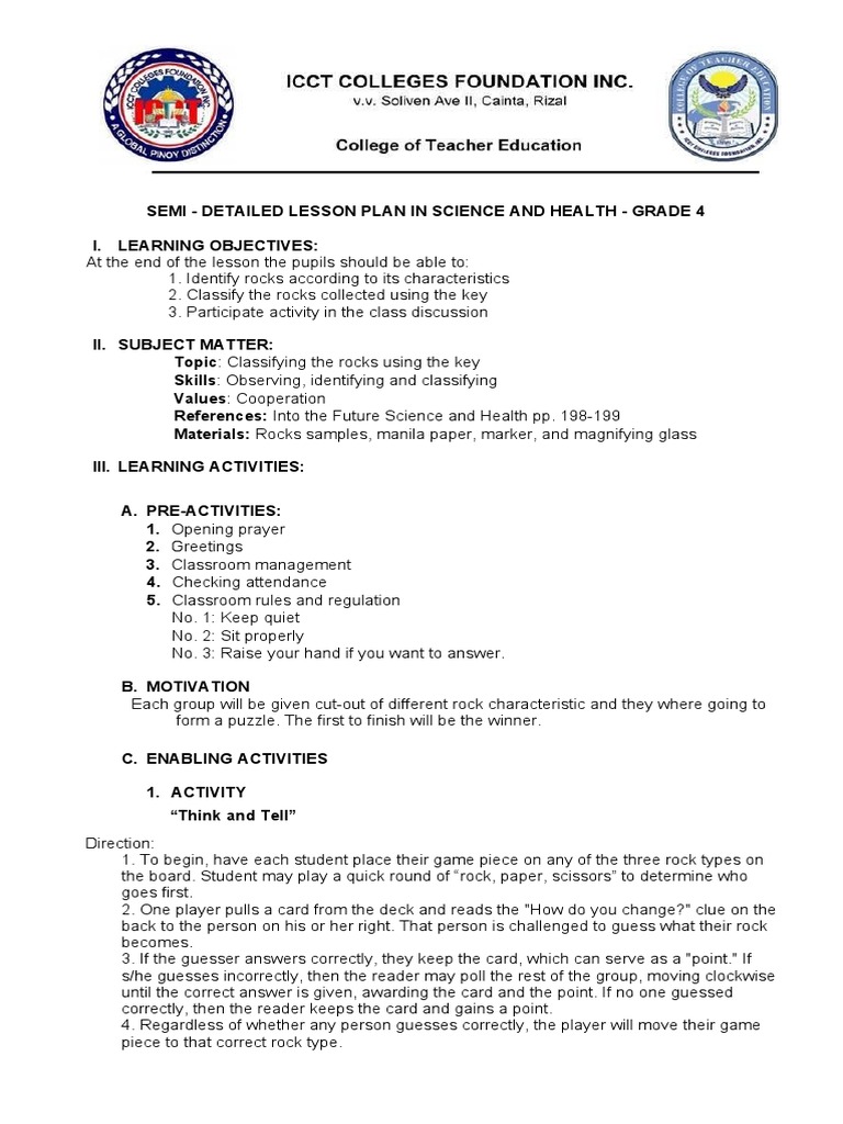 Lesson Plan Science 4 Classifying Rocks Pdf Rock Geology Petrology