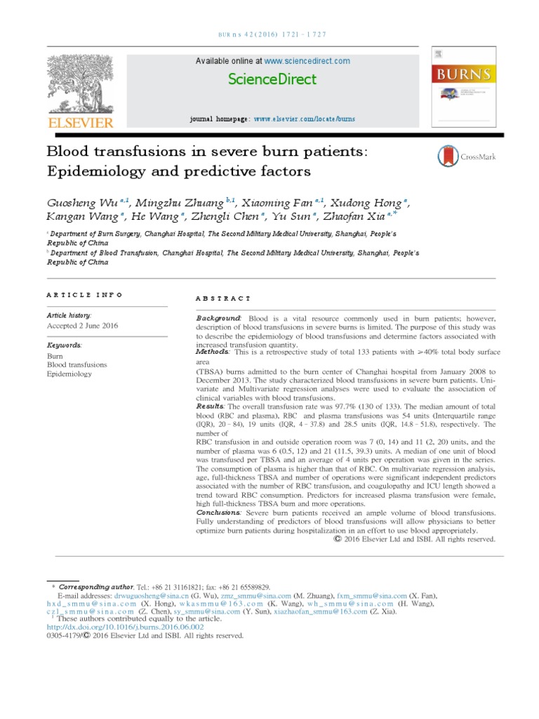 Blood Transfusions in Severe Burn Patients PDF Blood Transfusion