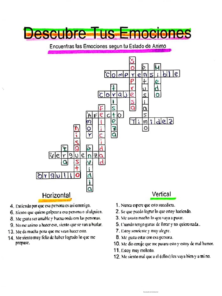 Crucigrama Tus Emociones | PDF