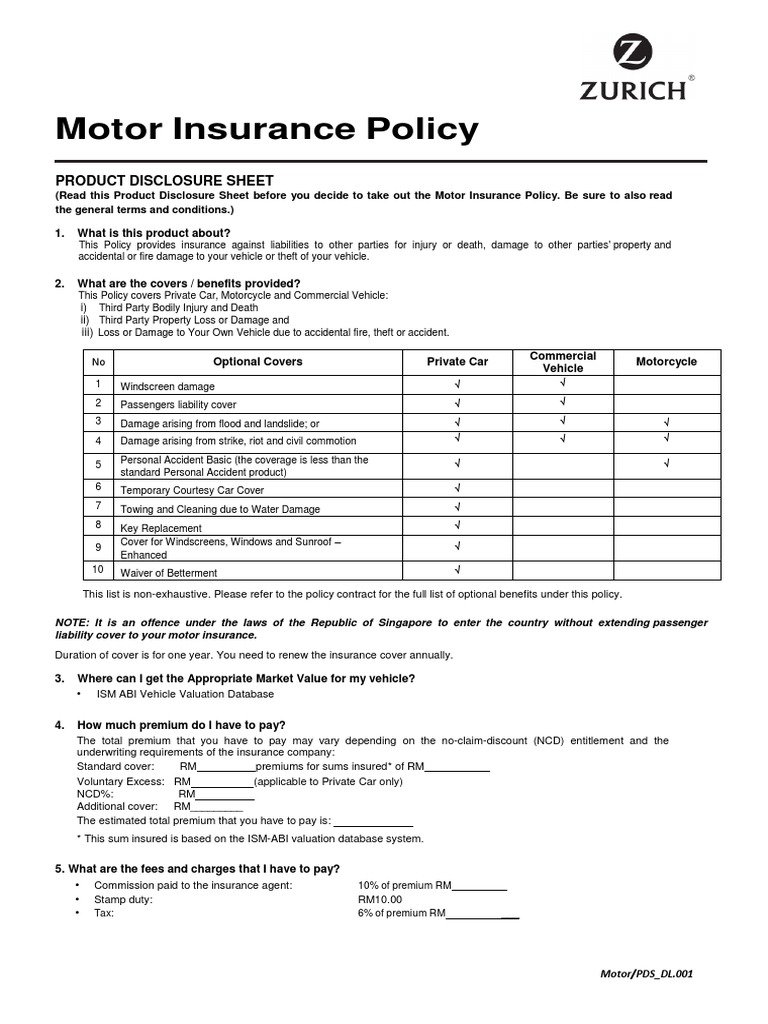Zurich motor disclosure sheet pdf insurance vehicle insurance