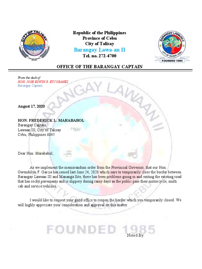 Request to Reopen Barangay Border | PDF