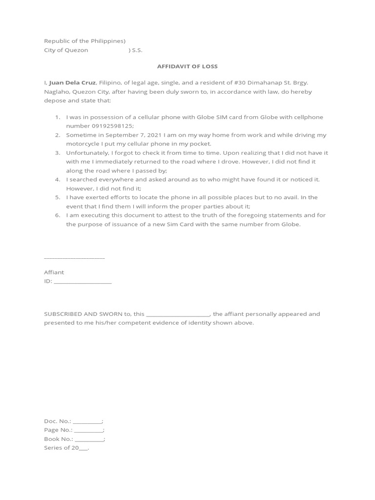 Affidavit of Loss: Lost Cellphone and Request for New SIM Card | PDF
