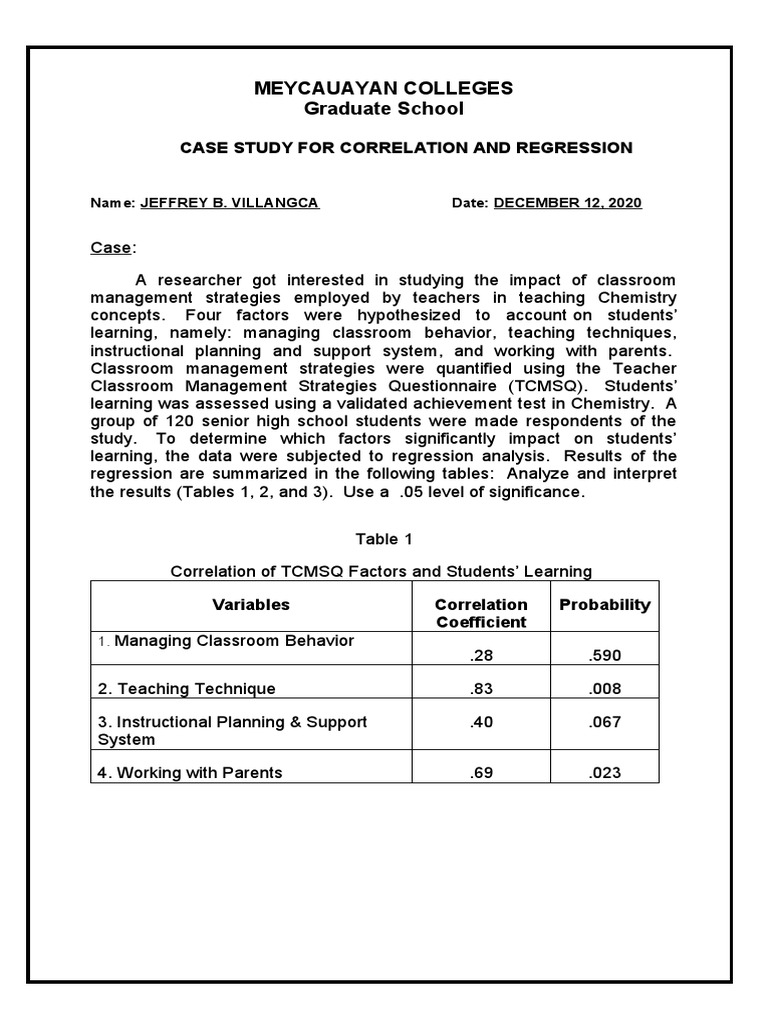 Case Study For Correlation and Regression Jeffrey B Villangca ...