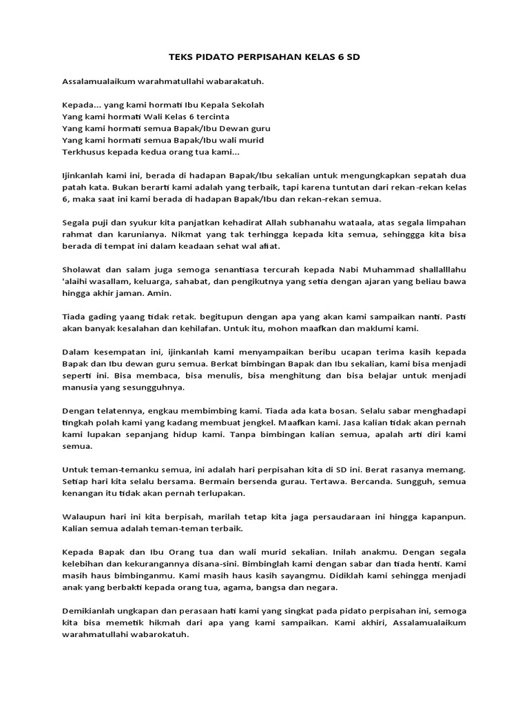 Teks Pidato Perpisahan Siswa Kelas 6 SD PDF