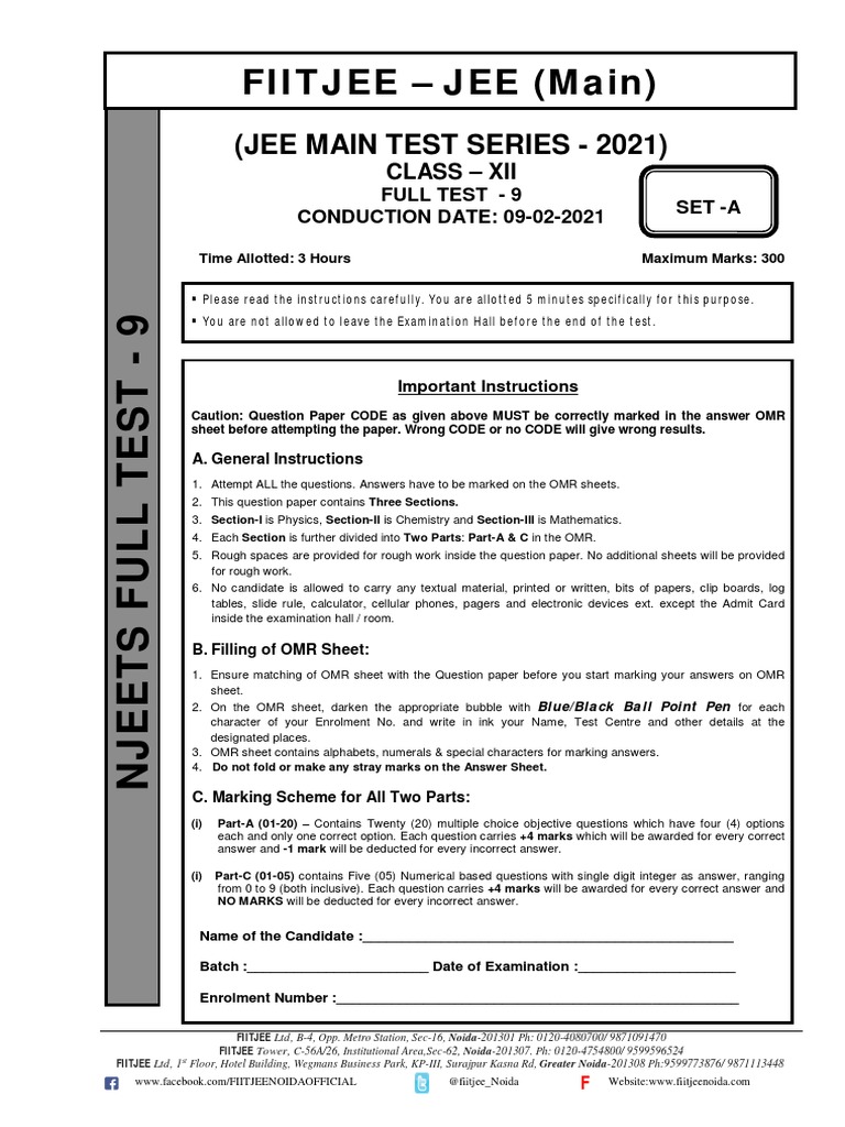 JEE Main Test Series 2021 - Full Test 9 | PDF | Acid | Ammonia