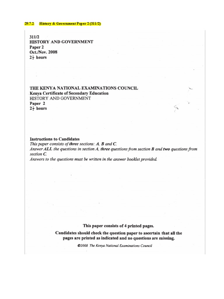 2008 KCSE History pp2 Questions PDF