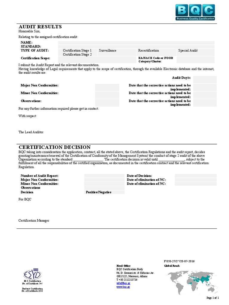 Certification Audit Results Summary | PDF | Audit | Auditor's Report