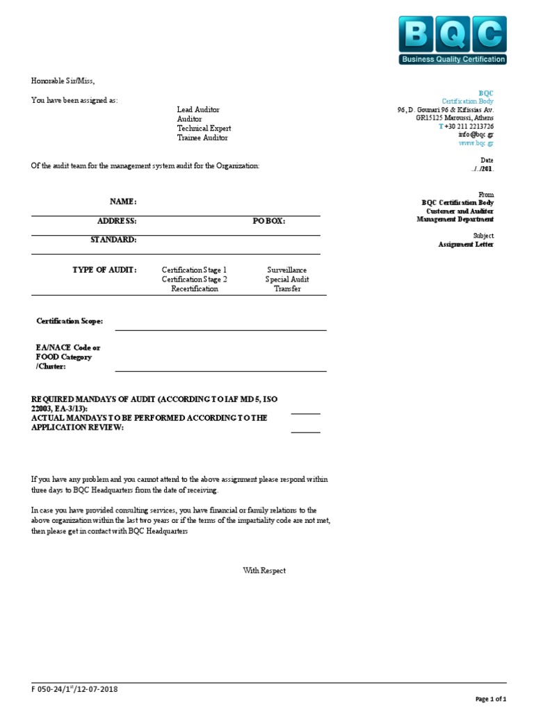 Audit Team Assignment Letter | PDF | Audit | Business