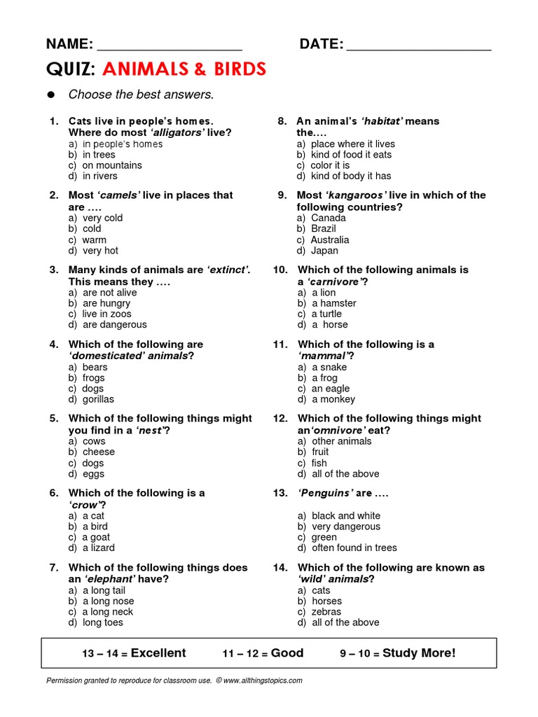 Animals & Birds Quiz PDF Organisms Zoology
