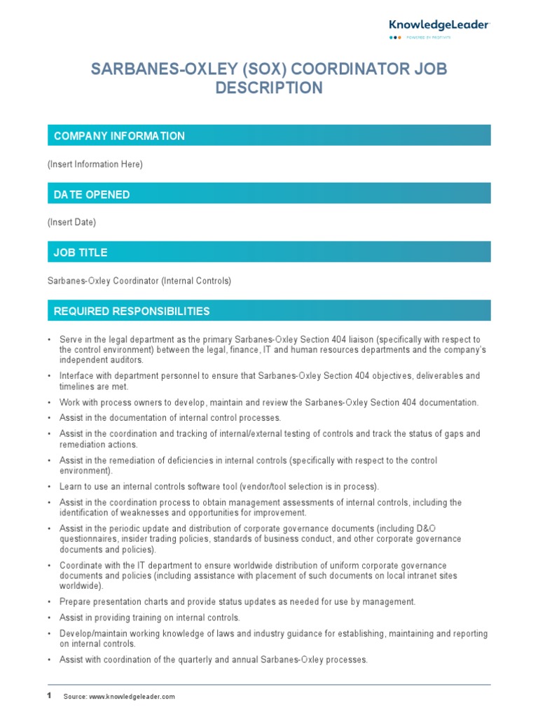 SarbanesOxley (SOX) Coordinator Job Description PDF