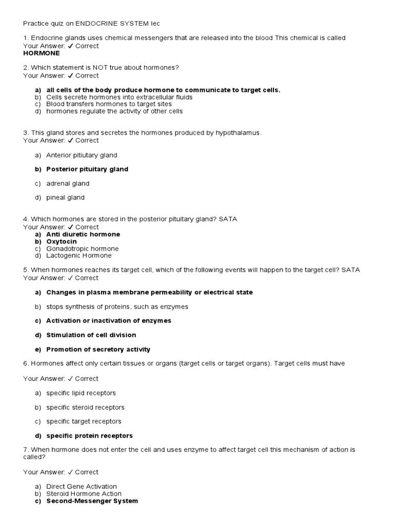 Endocrine System Practice Quiz | PDF | Endocrine System | Pituitary Gland