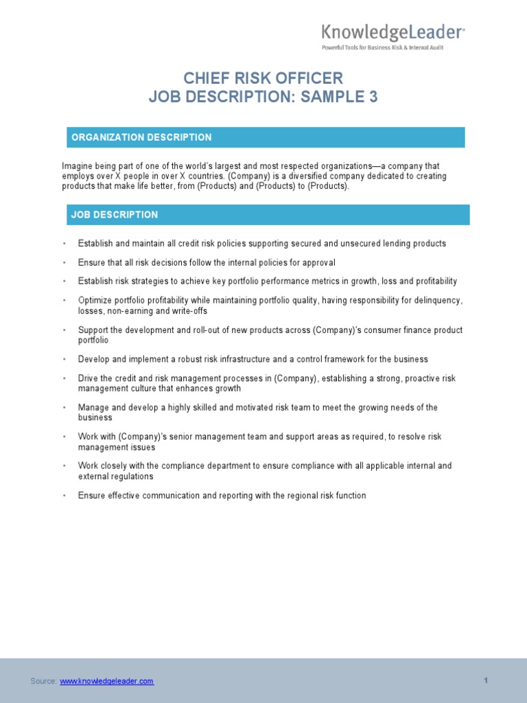 Chief Risk Officer Job Description | PDF | Risk | Risk Management