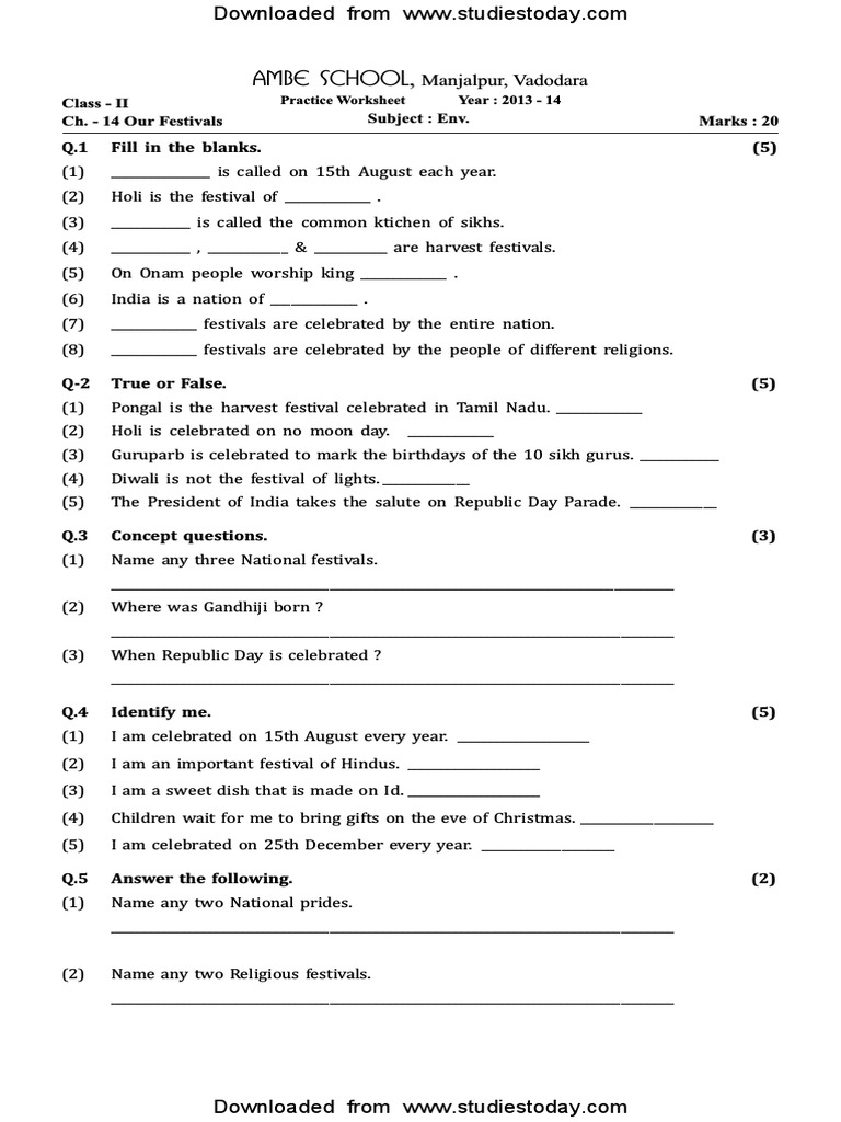 Cbse Class 2 Evs Practice Worksheets 12 Our Festivals Pdf