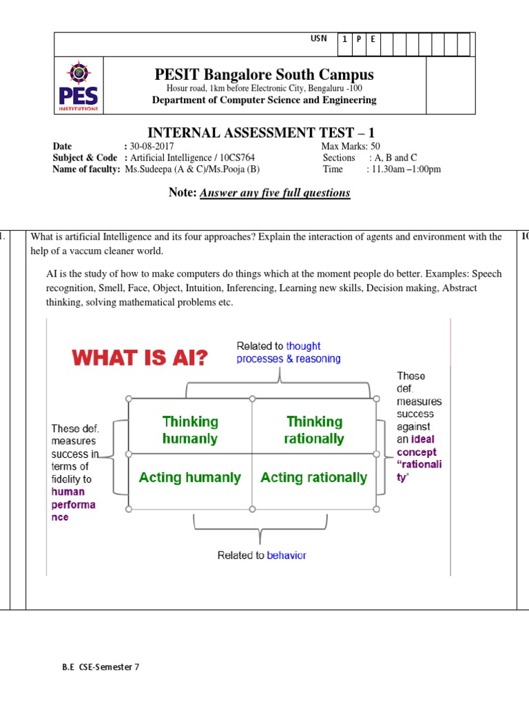 PESIT Bangalore South Campus: Internal Assessment Test - 1 | PDF ...
