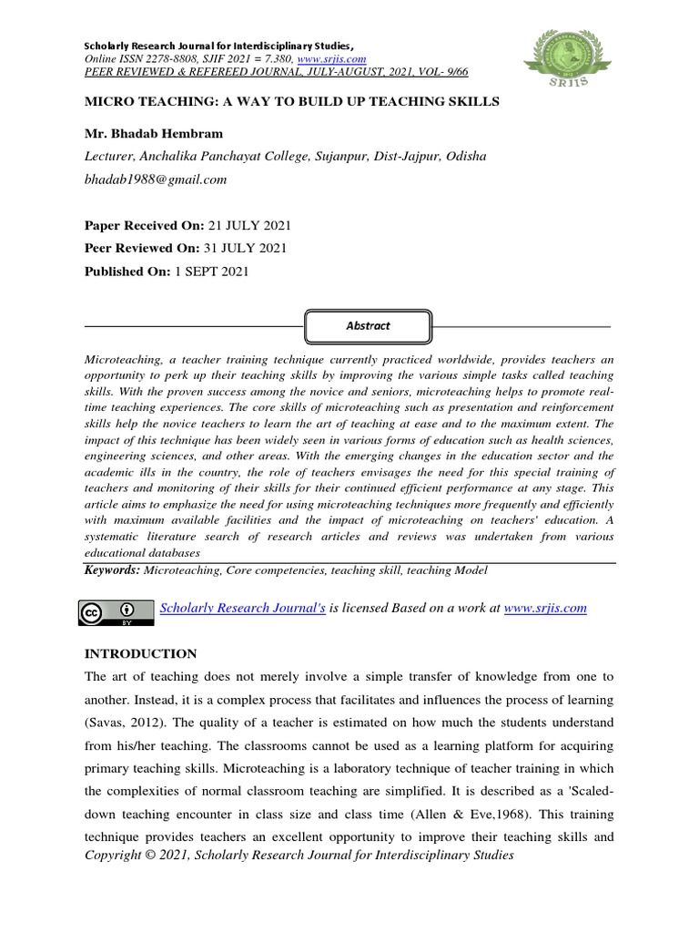 Micro Teaching: A Way To Build Up Teaching Skills | PDF | Teachers ...
