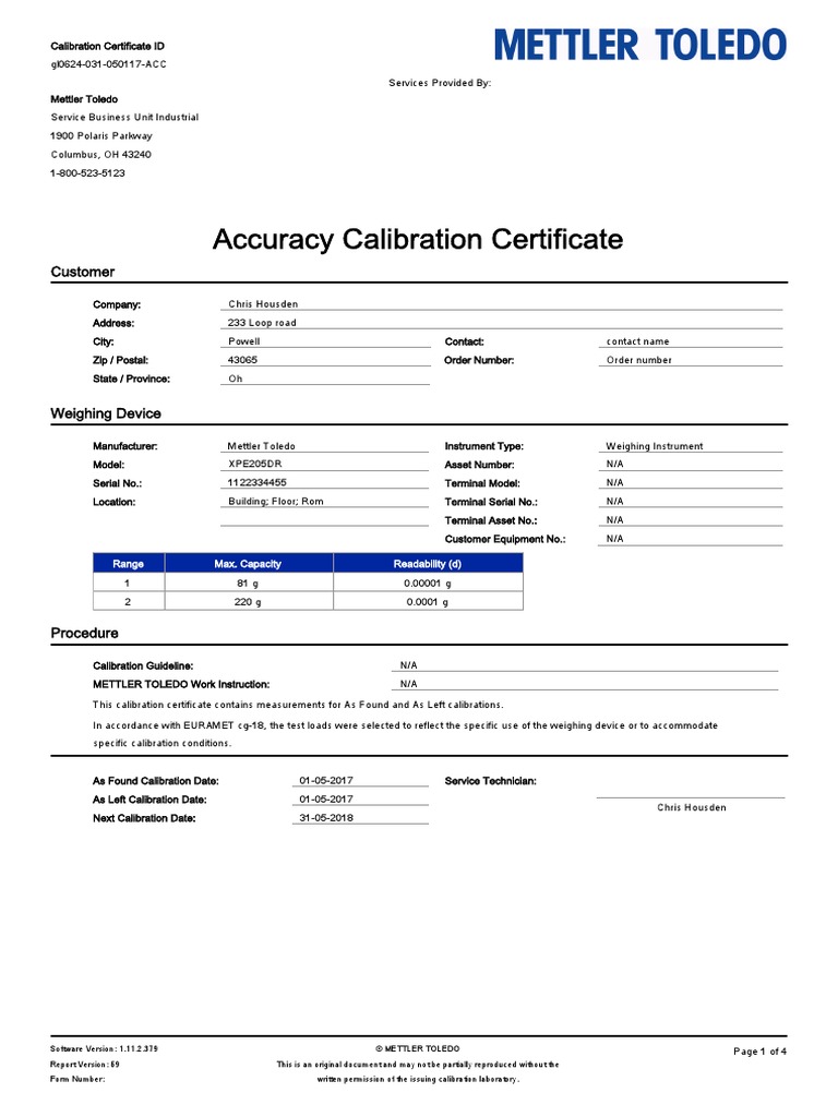 Accuracy Calibration Certificate Customer PDF Calibration