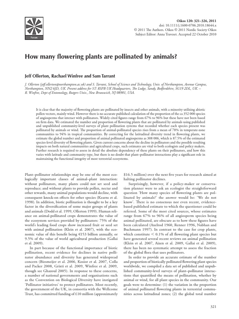How Many Owering Plants Are Pollinated by Animals? Download Free PDF