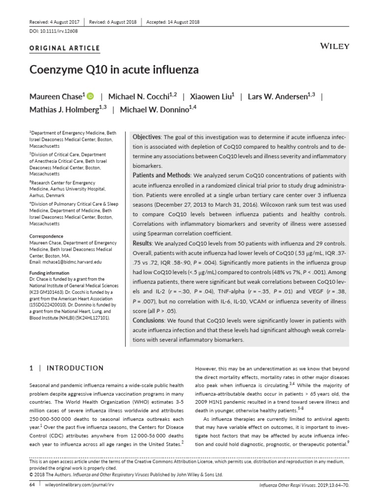 Coenzyme Q10 in Acute Influenza PDF Influenza Inflammation
