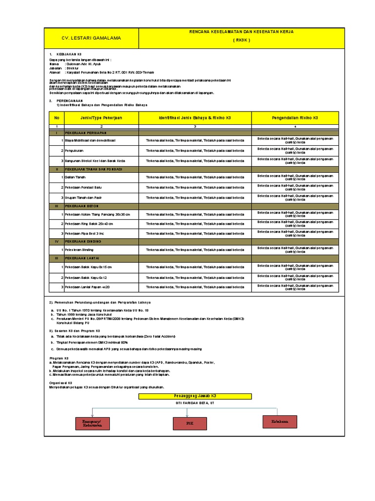 Rencana Keselamatan K3 CV. Lestari Gamalama | PDF