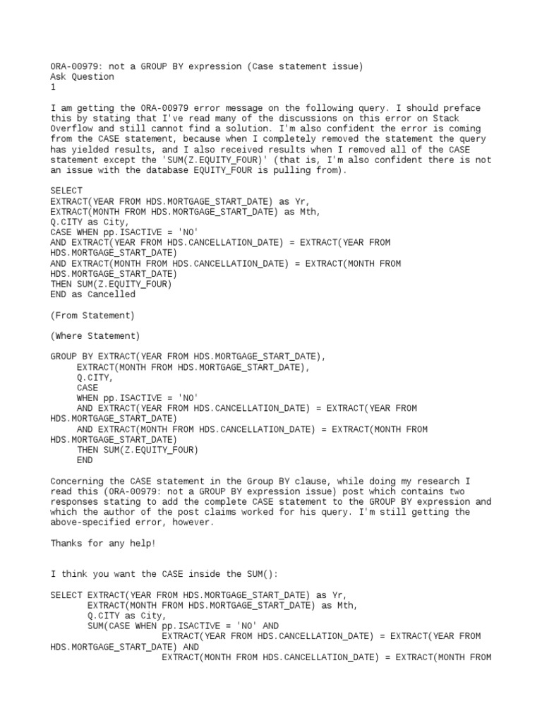 Ora 00979 Not A Group By Expression Case Statement Issue | Pdf |  Information Technology Management | Information Management