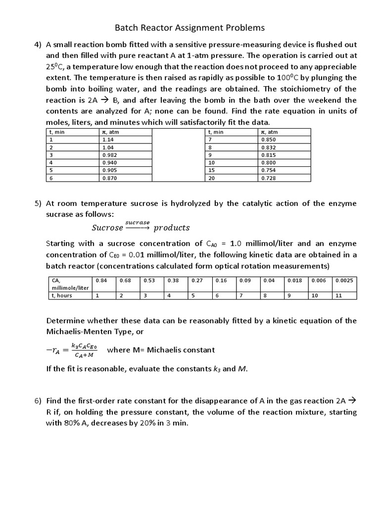 Batch Reactor Kinetics Problems Analysis | PDF | Chemical Reactor ...
