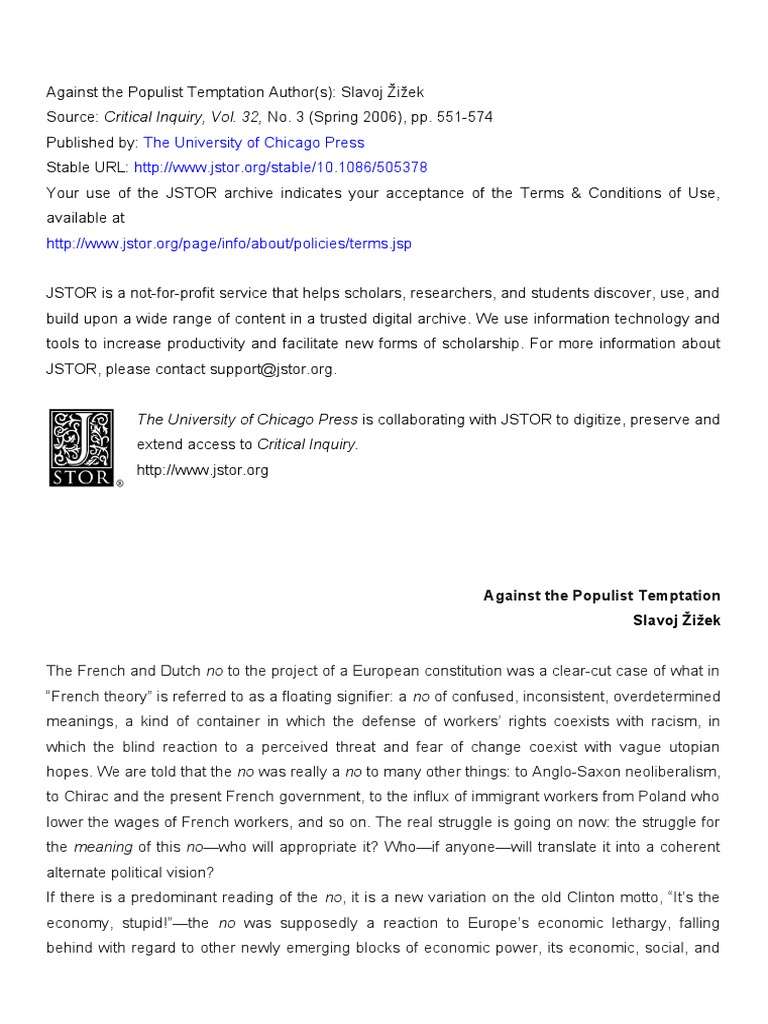 Zizek. Against The Populist Temptation PDF Populism Hugo Chávez