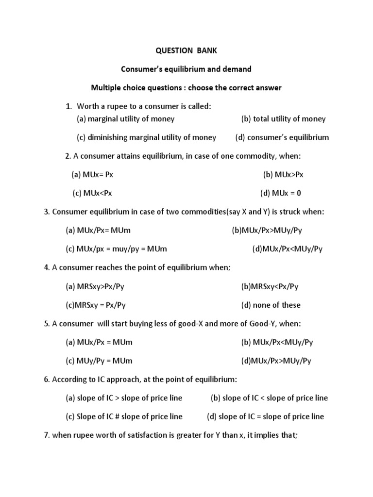 Question Bank Consumer's Equilibrium and Demand Multiple Choice ...