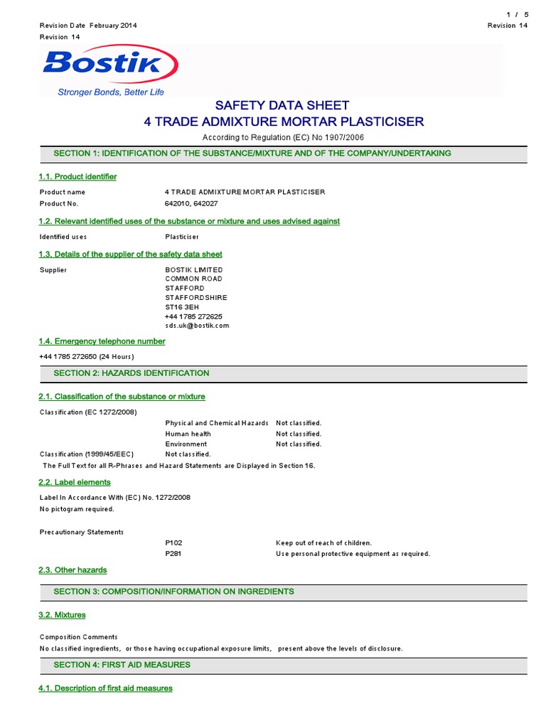 Safety Data Sheet 4 Trade Admixture Mortar Plasticiser According To