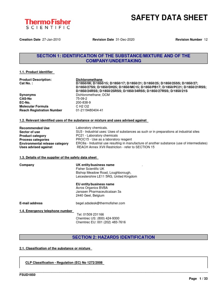 Dichloromethane Safety Data Sheet | PDF | Dangerous Goods | Sewage ...