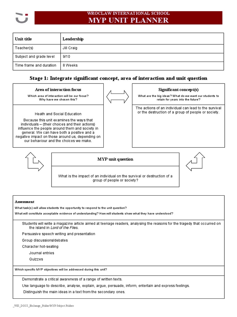 Leadership Unit Planner for MYP 9/10 | PDF | Educational Assessment ...