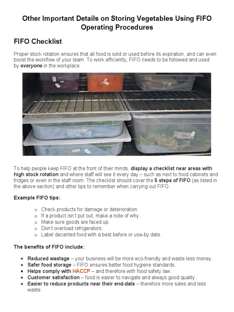 Other Important Details On Storing Vegetables Using FIFO Operating Procedures PDF Foods