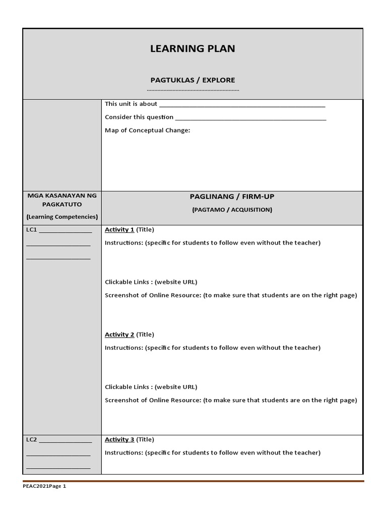 PEAC Learning Plan Template in Filipino | PDF | Rubric (Academic ...