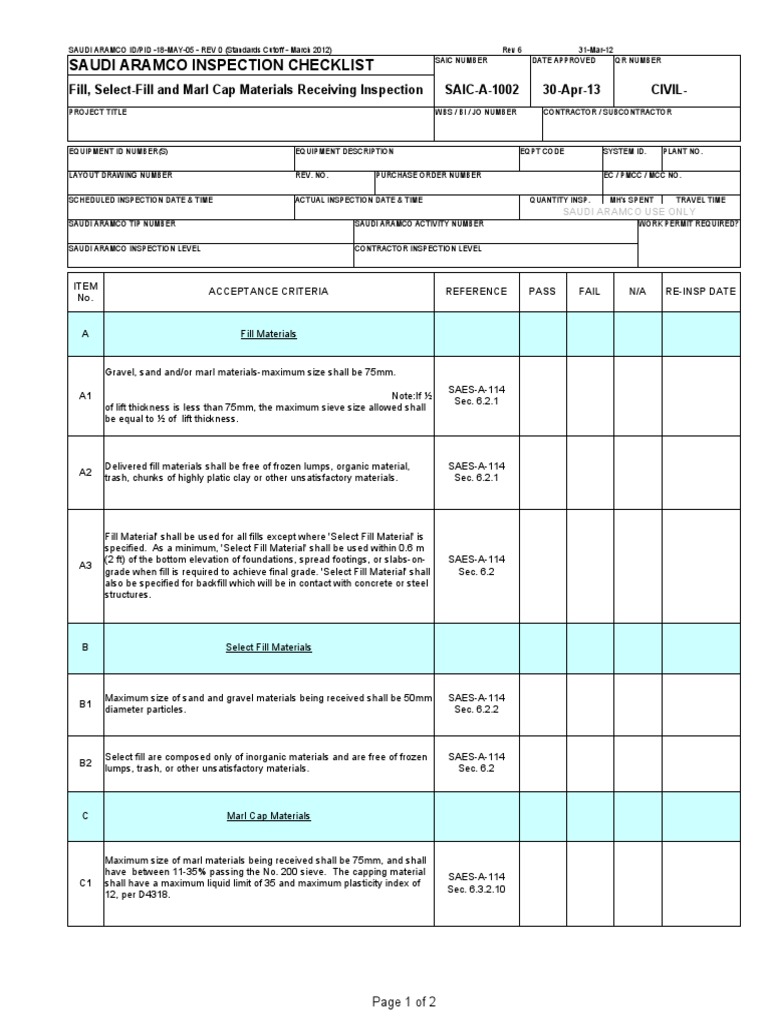 Aramco Fill Materials Inspection Checklist | PDF