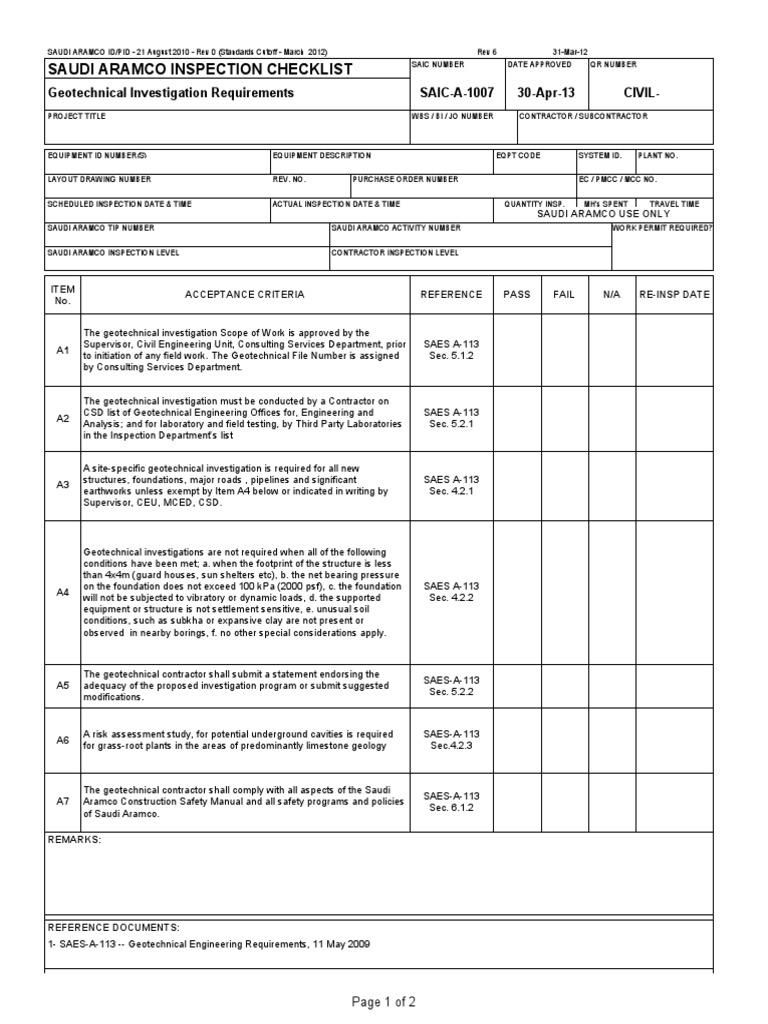 Saudi Aramco Inspection Checklist Geotechnical Investigation