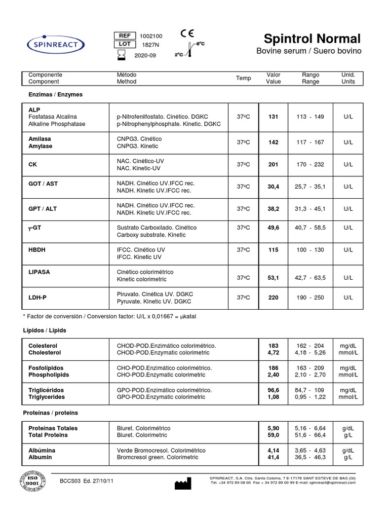 Spintrol Normal: Bovine Serum / Suero Bovino | PDF | Chemistry ...