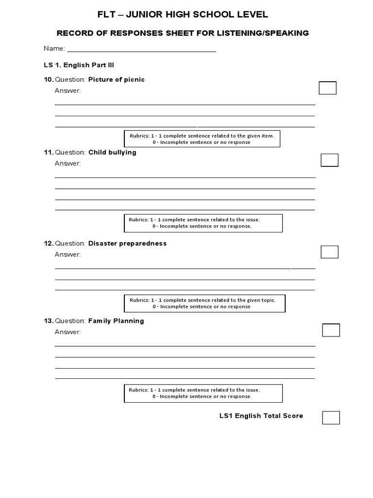 FLT Junior High School Level Record of Responses Sheet For Listening