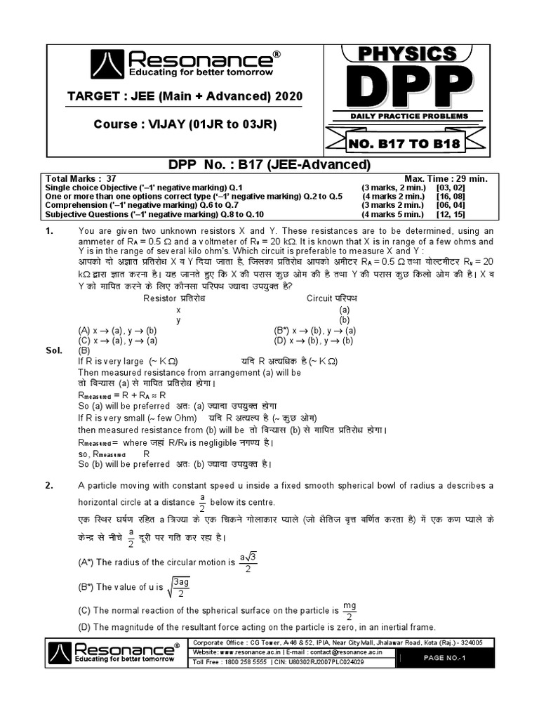 JEE Advanced DPP on Resistors and Motion | PDF | Force | Physical ...
