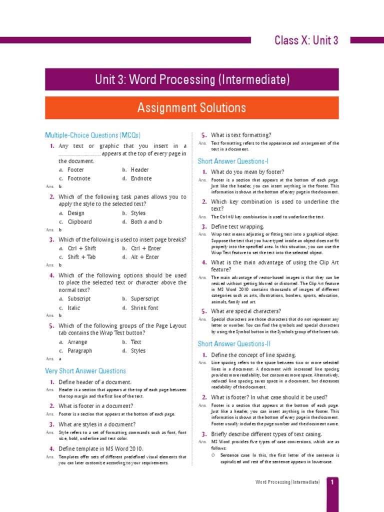 Unit 3: Word Processing (Intermediate) Assignment Solutions | Download ...