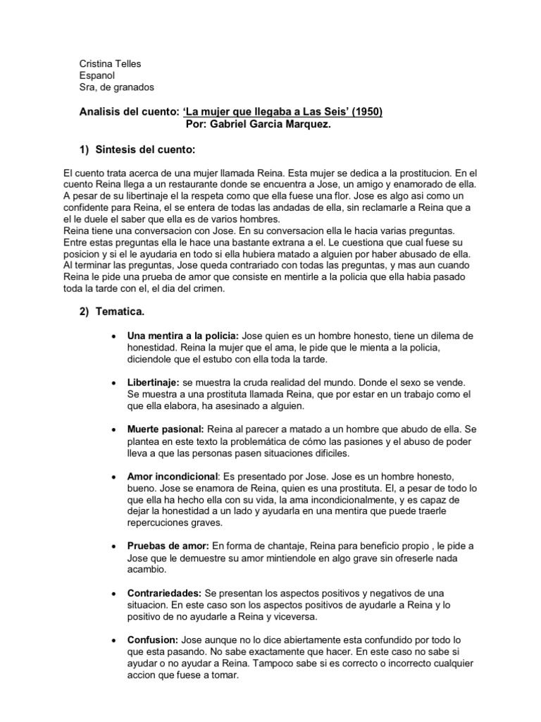 Análisis Del Cuento de La Mujer Que Llegaba A Las Seis PDF