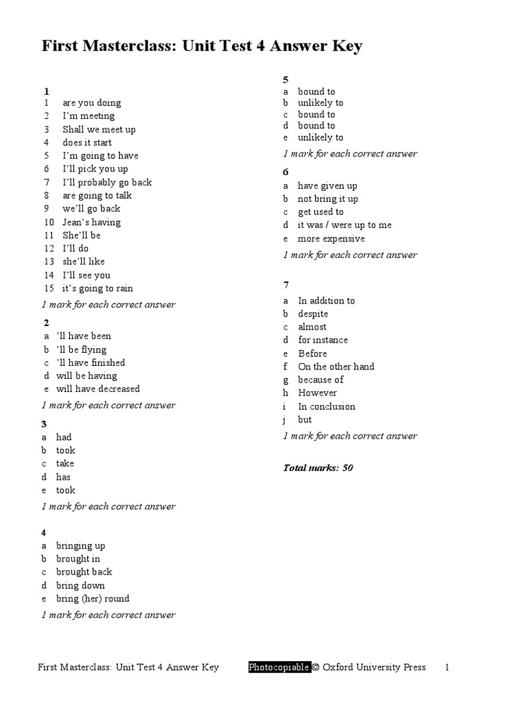 First Masterclass: Unit Test 4 Answer Key: 1 Mark For Each Correct ...
