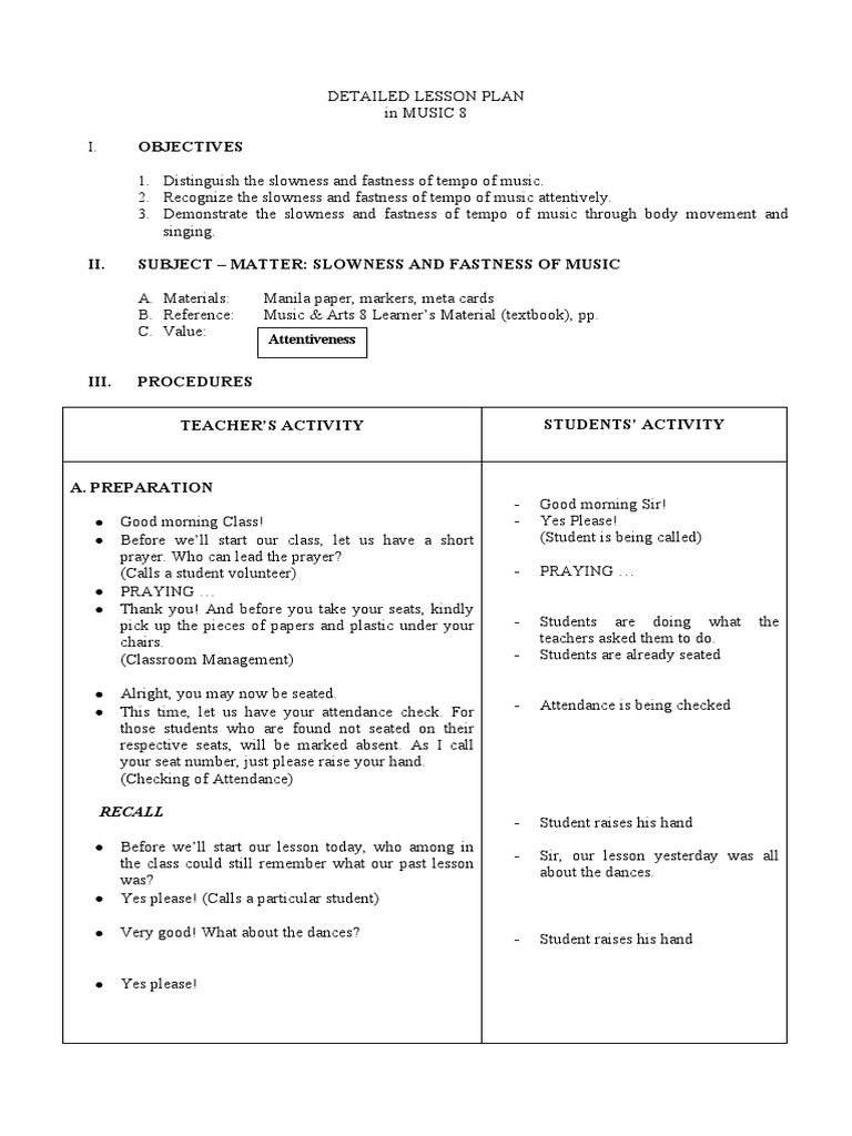 Detailed Lesson Plan Pdf Tempo Dances