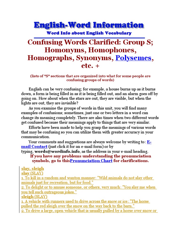 Confusing Words Clarified: Group S Homonyms, Homophones, Homographs ...