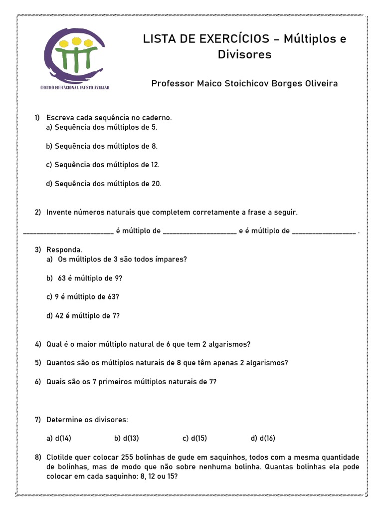Exercícios de Múltiplos e Divisores 6º Ano | PDF | Número primo ...