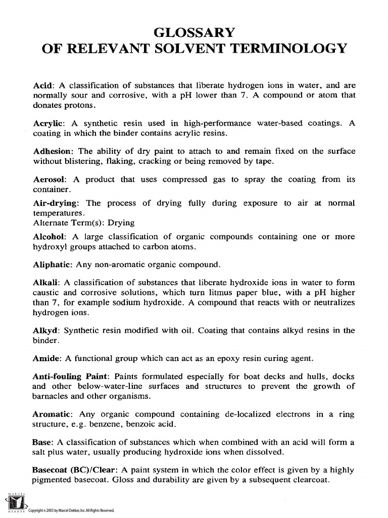 Glossary of Relevant Solvent Terminology Dekker, Inc PDF Paint