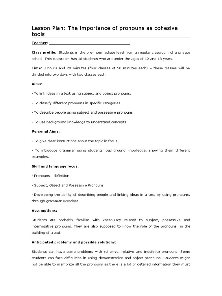 Lesson Plan Connectors PDF Pronoun Question