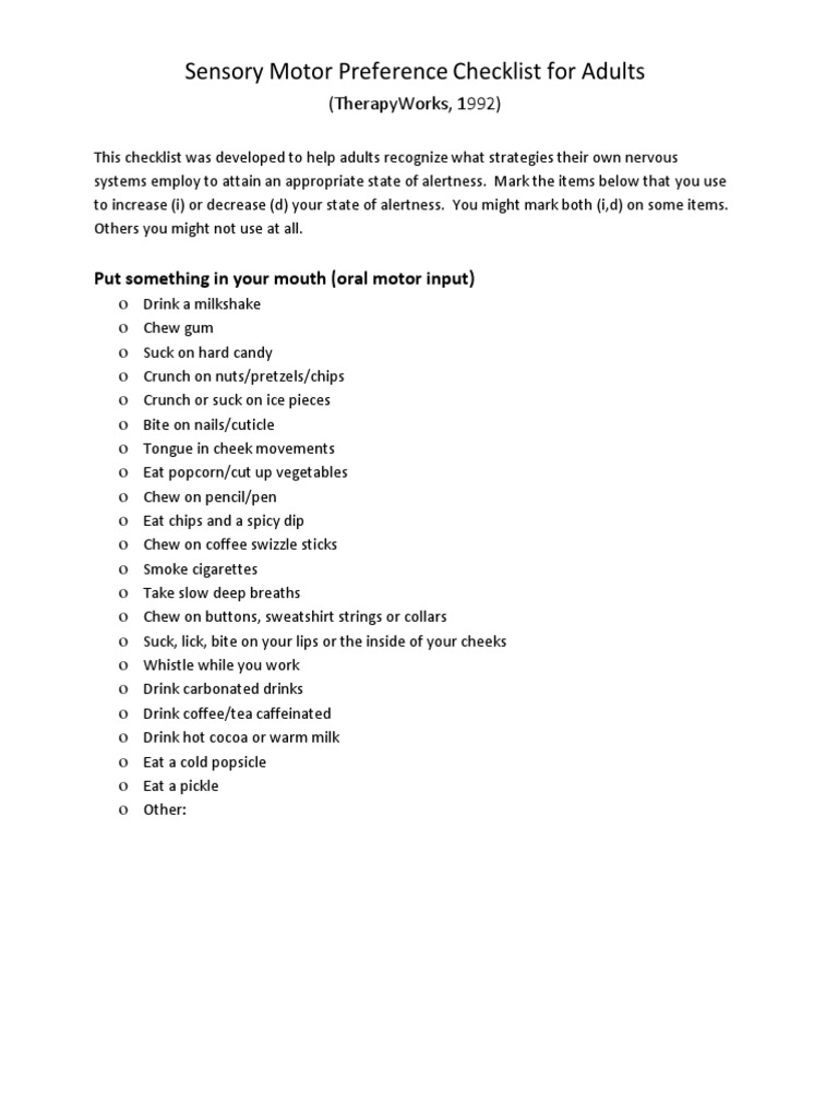 Sensory Motor Preference Checklist For Adults (Therapyworks, 1992) PDF