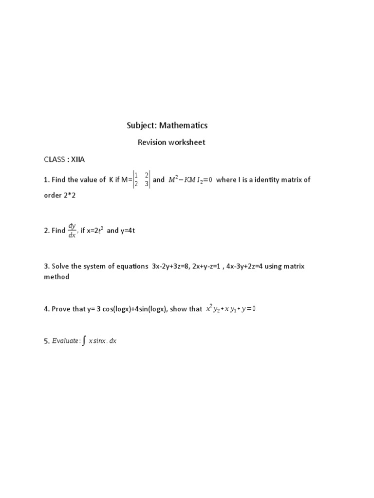 Subject: Mathematics: Revision Worksheet Class: Xiia | PDF