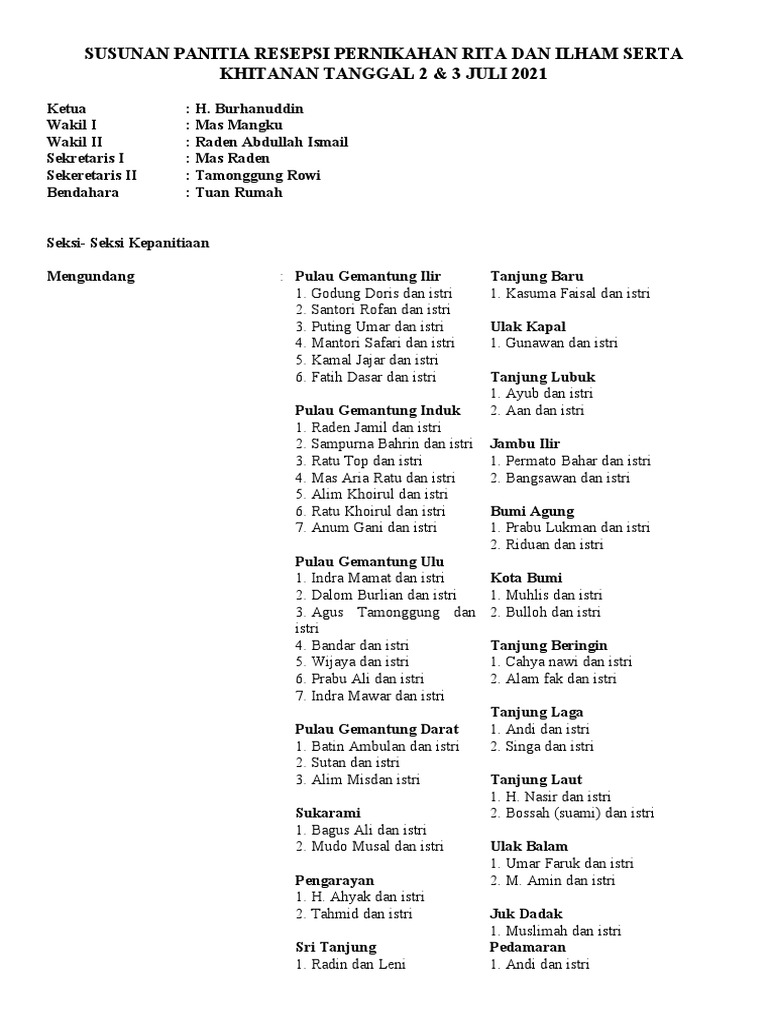 Susunan Panitia Resepsi Pernikahan | PDF