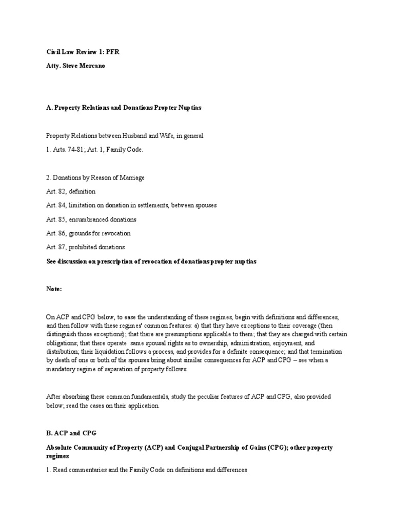 Civil Law: Property Relations & Donations | PDF | Marriage | Husband